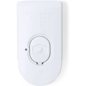 A white camera remote control device with a circular button and a small LED indicator. It features a subtle logo on the surface.