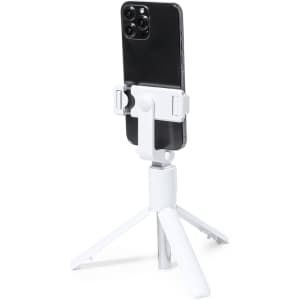 A white tripod with a smartphone mounted on it, featuring adjustable legs for stability.