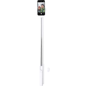 A white tripod-mounted selfie stick featuring a smartphone holder and a sleek silver pole.