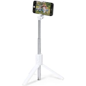 A white tripod with a silver extendable pole holding a smartphone, designed for photography purposes.