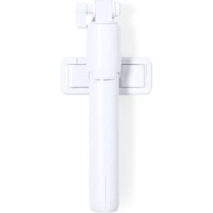 A white tripod with adjustable sections and a mounting bracket for securing devices, featuring a logo.