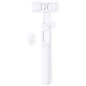 A white Merylin Tripod with a remote control, designed for holding phones.