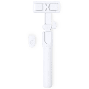 A white tripod for phones, featuring a secure phone holder and a remote control.
