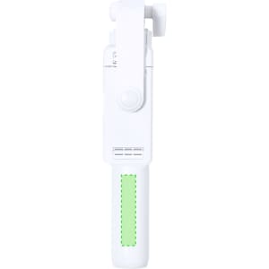 A white tripod with a green accent, featuring a collapsible design and an integrated mount for a phone.