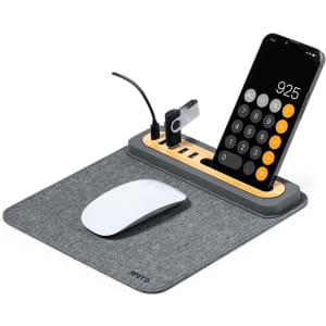 A multifunction mousepad in grey with a wooden compartment for devices, featuring a phone holder and USB ports.