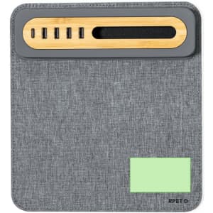 A grey multifunction mousepad with a bamboo section and four USB ports, featuring an area for notes.