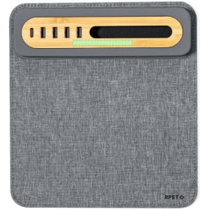 A grey multifunction mousepad with a bamboo section featuring four USB ports. The design is sleek and modern.