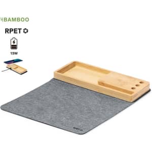 A multifunction mousepad in grey with a bamboo tray, designed for wireless charging and tech organisation.