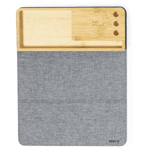A multifunction mousepad featuring a grey fabric base and a bamboo section with three buttons.