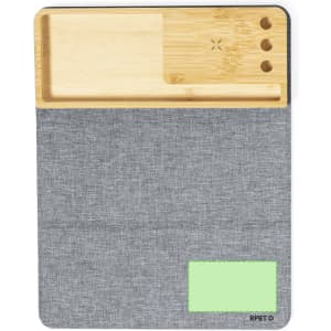 A multifunction mousepad featuring a grey fabric base and a bamboo tray for accessories. It includes a logo.