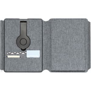 A grey multifunction notepad featuring an organiser pocket and a holder for a pen or stylus. Includes a logo.