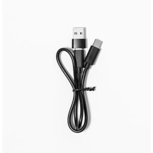 A black USB to USB-C cable, featuring a standard USB connector and a USB-C connector, arranged neatly.