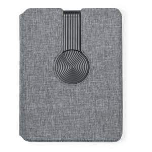 A grey multifunction notepad with a black spiral design on the cover and an elastic band closure.