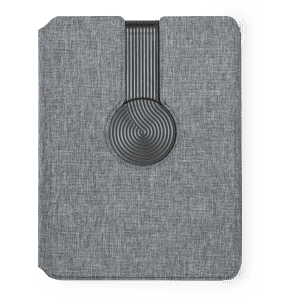 A grey notepad with a textured cover and a circular black clasp, featuring a logo.
