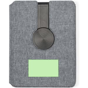A grey multifunction notepad with a textured cover and a circular closure, featuring a green label area.
