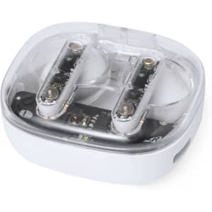 A set of white Webex earphones in a transparent charging case, showcasing the earbuds inside.