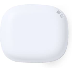 A white earphone charging case with a smooth, rounded design and a small logo is featured in the image.