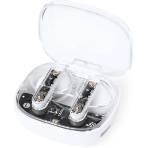 A set of white Webex earphones housed in a transparent charging case. The interior reveals the earphones and electronics.