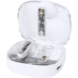 A pair of white earphones inside a transparent charging case, showcasing the internal components.