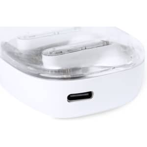 A white charging case for earbuds with a transparent lid and a USB-C port. The case has a minimalist design.