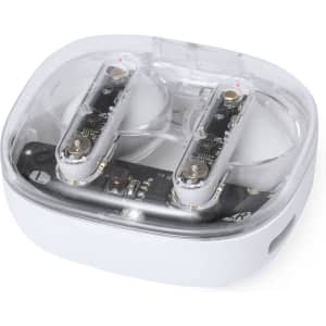 A pair of transparent white Webex earphones in a compact charging case, showcasing the internal components.