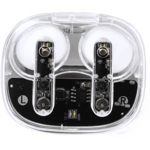 Clear earphones with white earbuds and a black base, featuring a logo and internal circuitry visible through the casing.