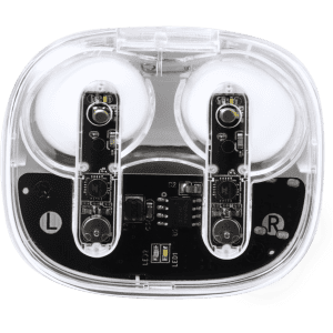 A pair of clear Webex earphones, featuring black and silver components, housed in a transparent charging case.