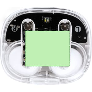 A transparent case containing white Webex earphones with visible internal components and a logo.