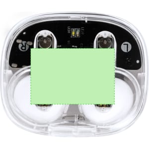 Webex Earphones in a clear charging case, featuring white earbuds and an internal component layout.