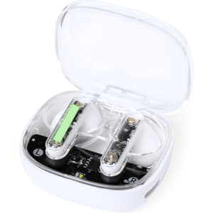 A pair of white Webex earphones inside a clear charging case, featuring a green indicator and a logo.