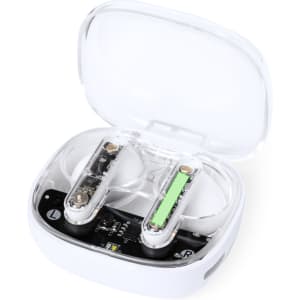 A pair of white Webex earphones in a clear charging case, showing the left and right earbuds inside.