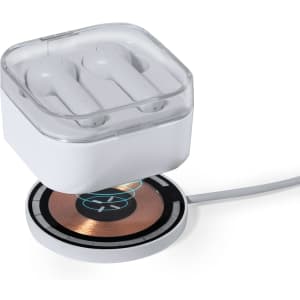 A wireless charger with a white design, featuring an earbud case hovering above the charging pad.