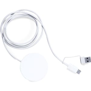A wireless charger in white with a circular design and a USB cable. It features a branding logo.
