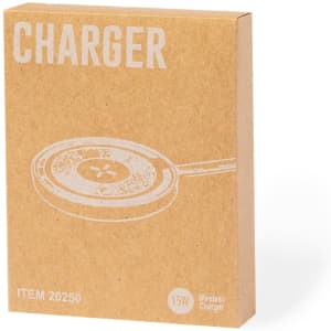 A wireless charger in a kraft box, featuring a circular design and a visible connector. The package has a simple logo.
