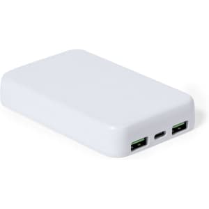 A white power bank featuring two USB ports and a USB-C port, with a smooth, rounded design.