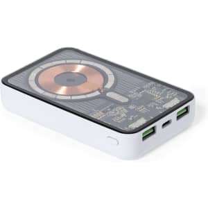 A power bank in white featuring a circular charging disc and two USB ports. It has a sleek, modern design.