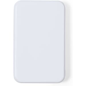 A white power bank with a sleek design, featuring a logo on its surface.