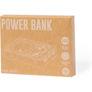 A power bank in a brown cardboard box, featuring a logo, wireless charge capabilities, and specifications.
