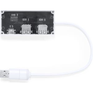 A USB hub featuring a white cable and three ports on a sleek black body, with a small logo visible.