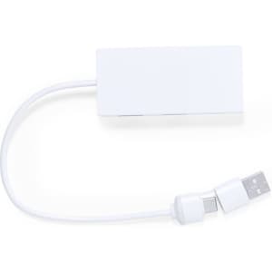 A white USB hub with a cable and connector, featuring a sleek design and a small logo.