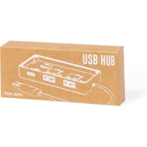 A USB hub in a cardboard box, featuring multiple ports and a connecting cable. The box has a simple design and branding.