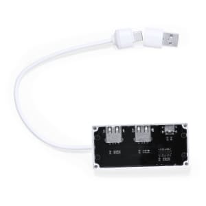 A white USB hub with three ports and an attached USB connector cable. It features a sleek design and a logo.
