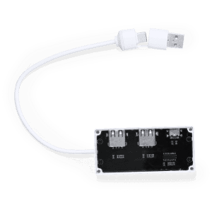 A white USB hub with three ports and a USB connector cable. The hub features a sleek, rectangular design.