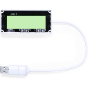 A white USB hub with multiple ports and a cable, featuring a blank green display.