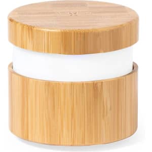 A multifunction lamp with a wooden bamboo exterior and a white interior. It features a sleek, modern design and has a logo.