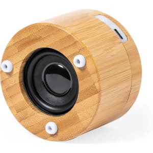 A multifunction lamp in a cylindrical shape, crafted from bamboo, featuring a wireless charging base and a speaker.