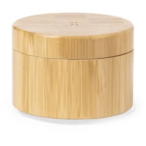 A round bamboo container with a smooth finish and a removable lid, showcasing its natural colour and texture.