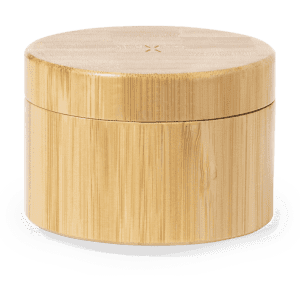 A wooden storage container made of bamboo, featuring a smooth round lid and cylindrical body.
