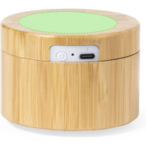 A bamboo multifunction lamp with a circular green top and a power button, featuring a USB-C port.