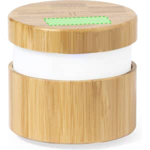 A bamboo multifunction lamp with a white cylindrical centre and a natural wood finish. It features a logo.
